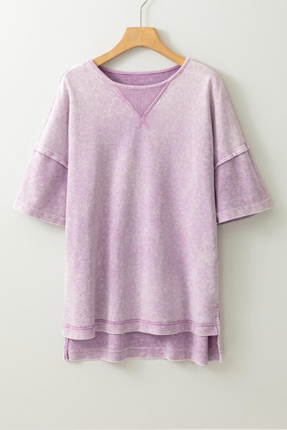 Orchid Petal Mineral Wash Exposed Seam Drop Shoulder Oversized Tee | Women T Shirts