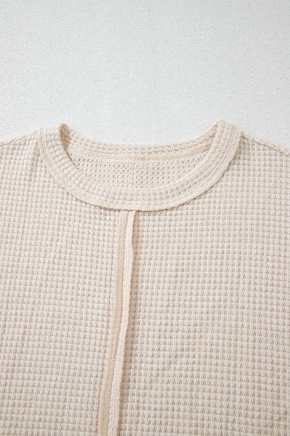 Pale Khaki Solid Color Waffle Seamed Short Sleeve Top | Women T Shirts