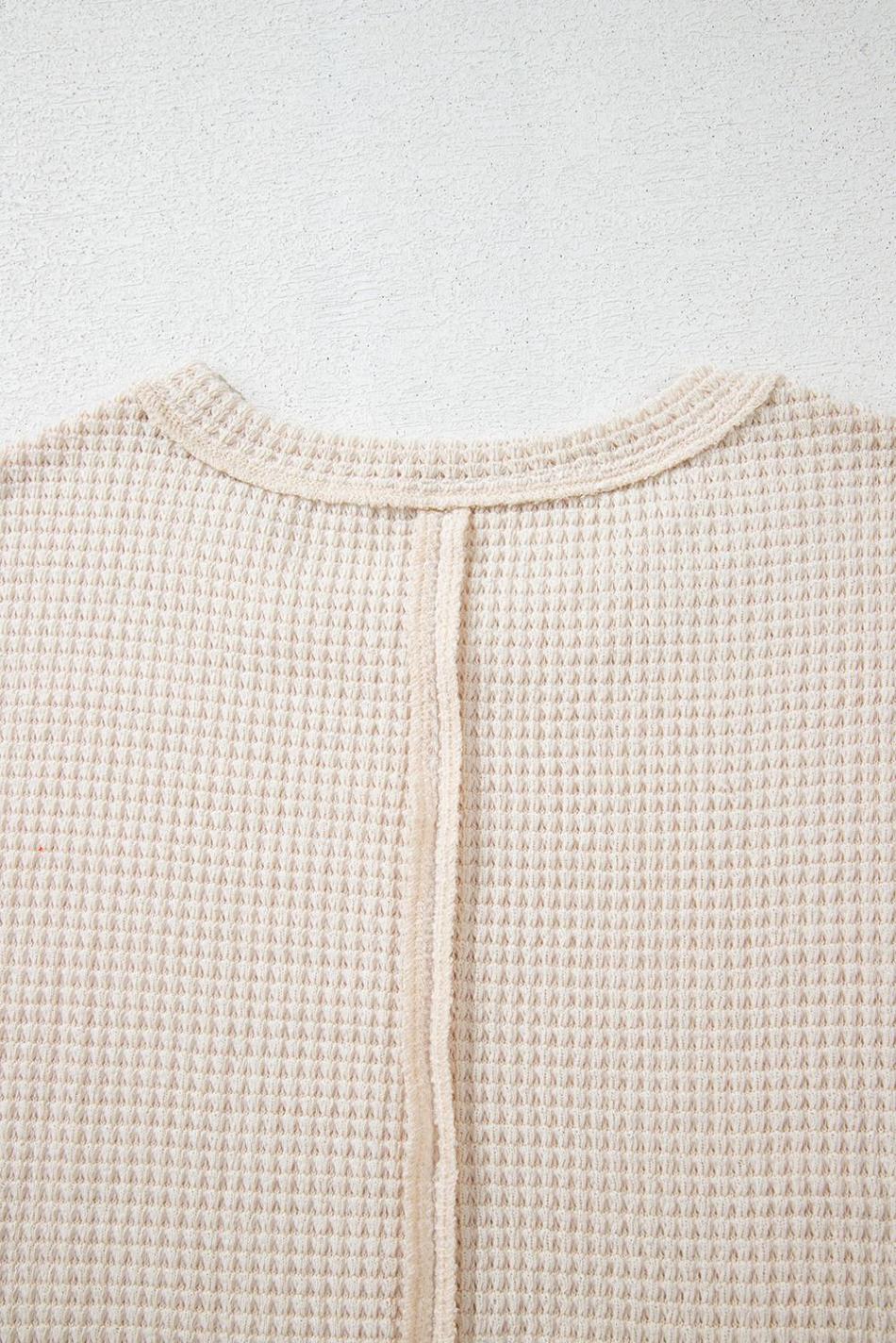 Pale Khaki Solid Color Waffle Seamed Short Sleeve Top | Women T Shirts