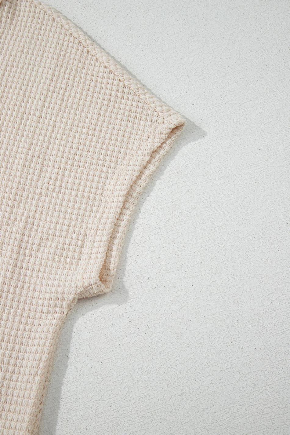 Pale Khaki Solid Color Waffle Seamed Short Sleeve Top | Women T Shirts