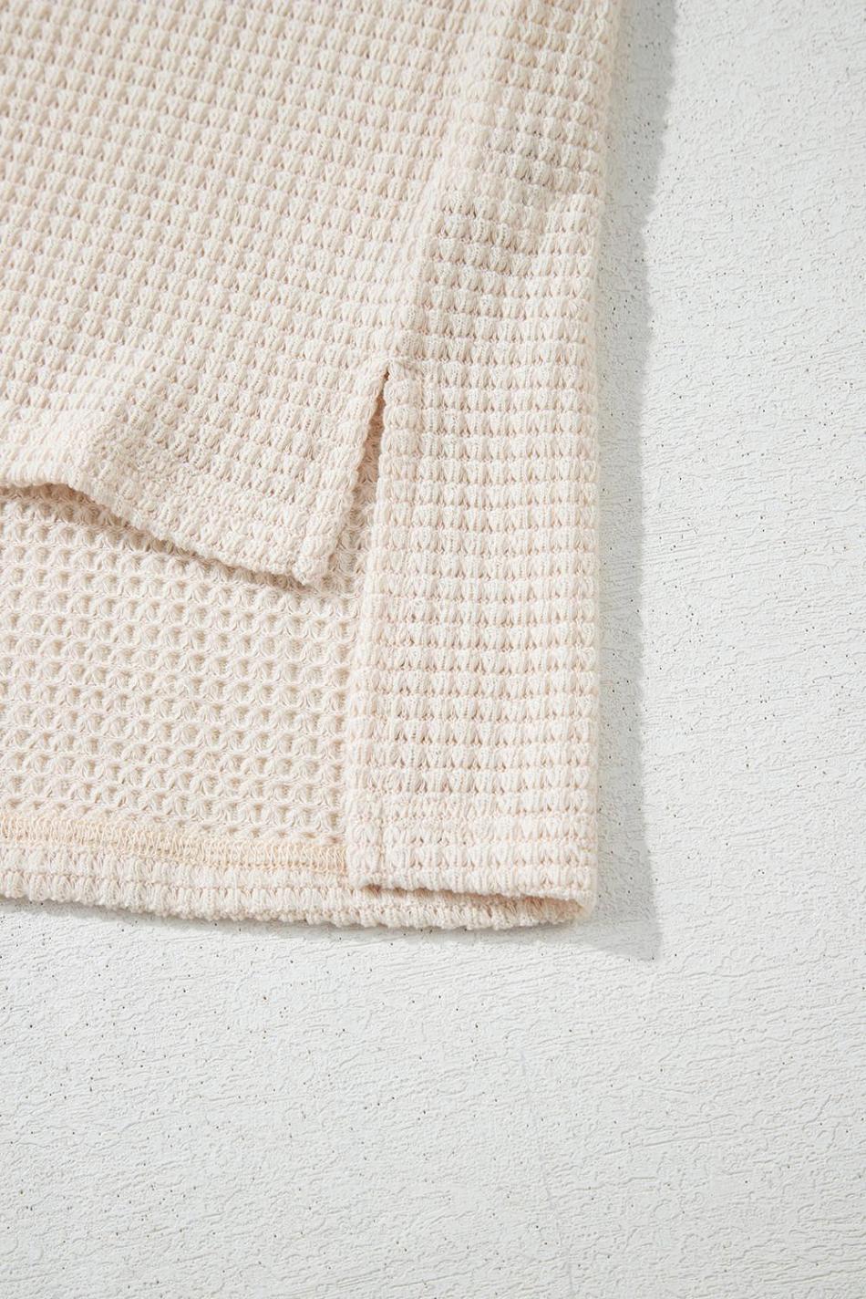 Pale Khaki Solid Color Waffle Seamed Short Sleeve Top | Women T Shirts