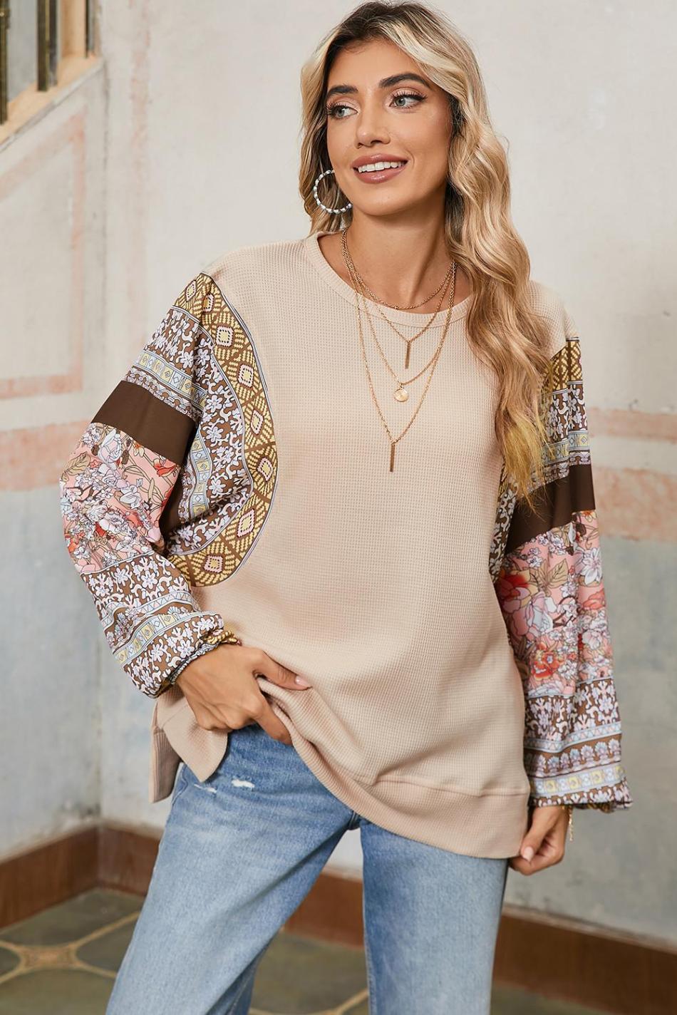 Parchment Floral Patchwork Puff Sleeve Waffle Knit Top | Women Long Sleeve Tops