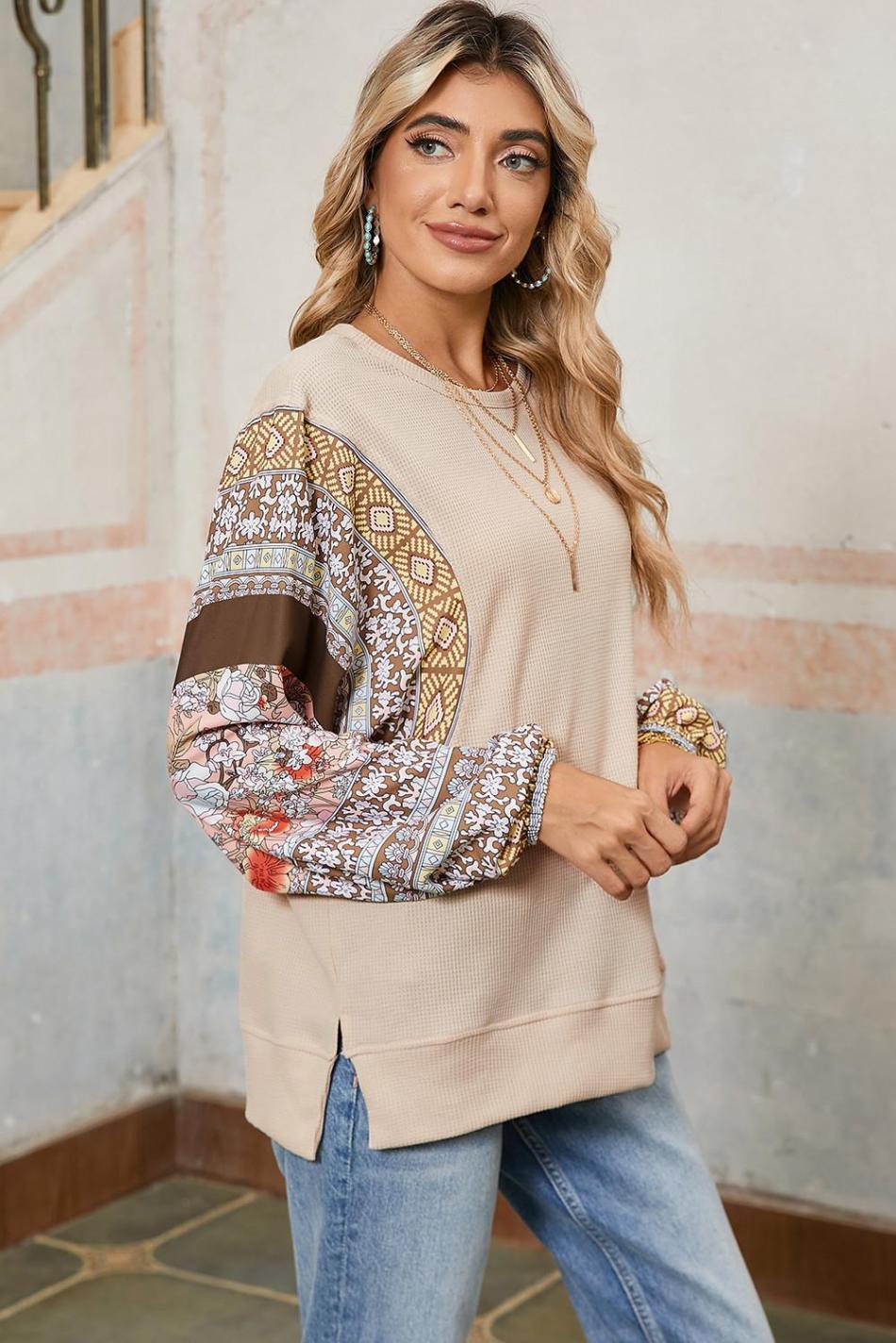Parchment Floral Patchwork Puff Sleeve Waffle Knit Top | Women Long Sleeve Tops