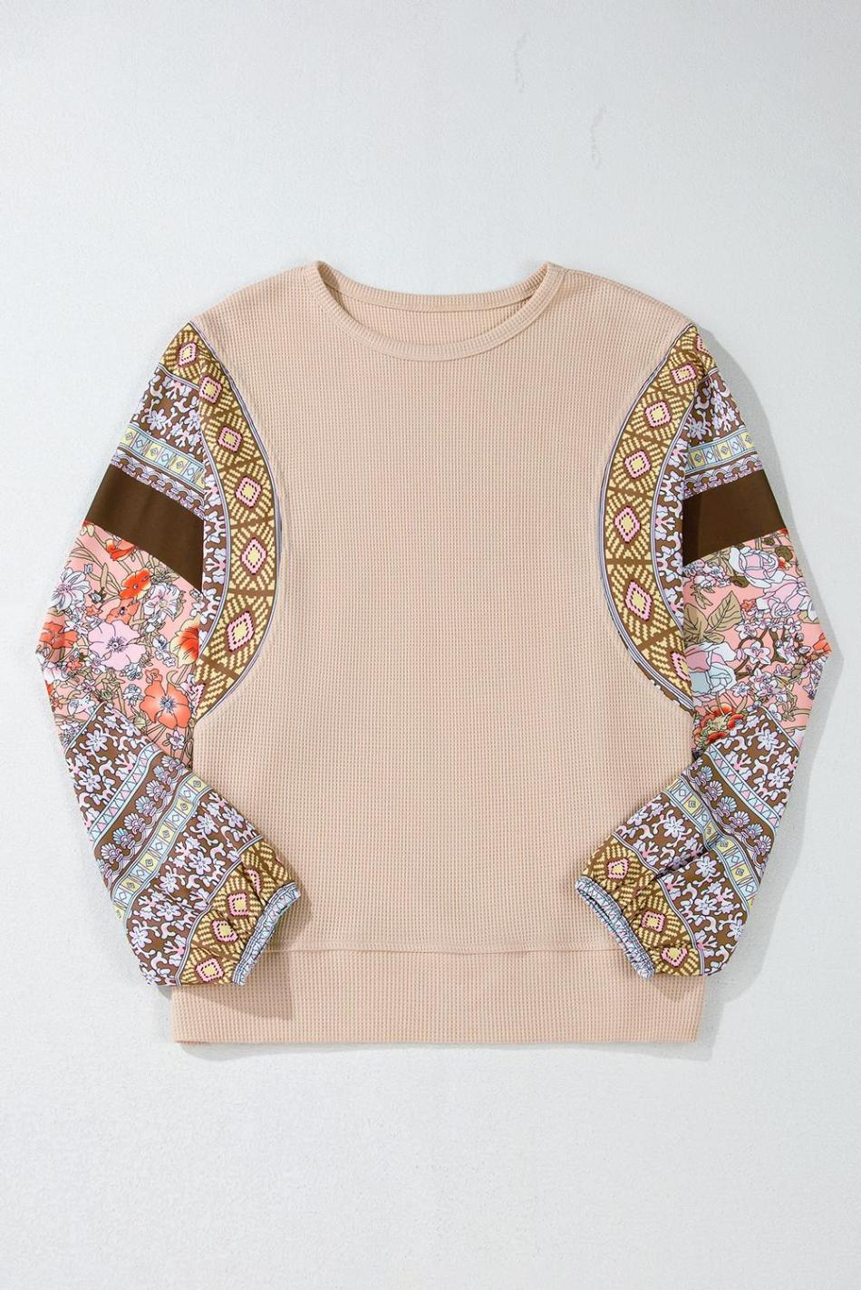 Parchment Floral Patchwork Puff Sleeve Waffle Knit Top | Women Long Sleeve Tops