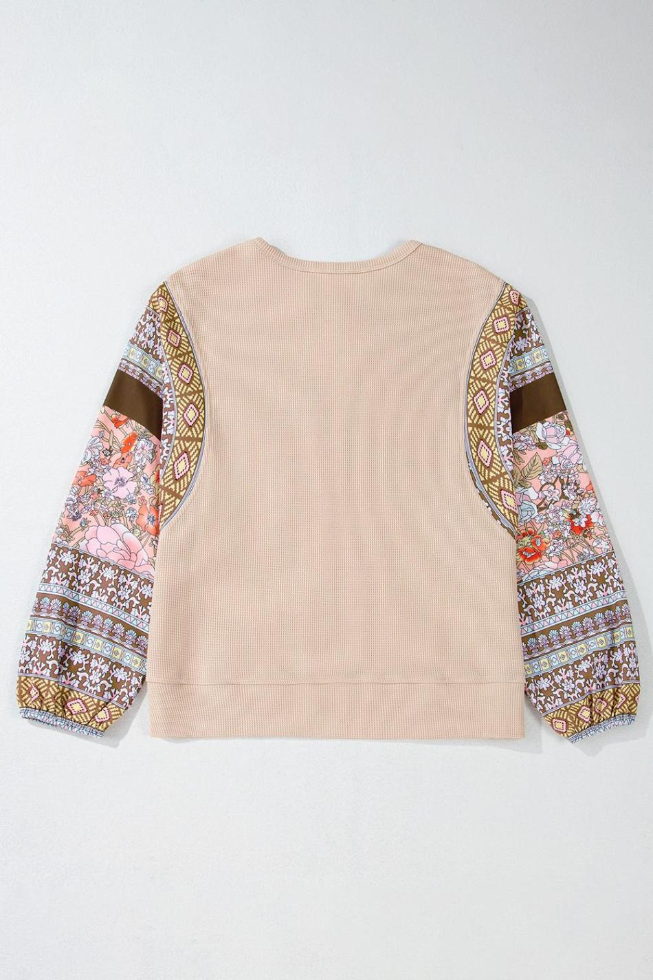 Parchment Floral Patchwork Puff Sleeve Waffle Knit Top | Women Long Sleeve Tops