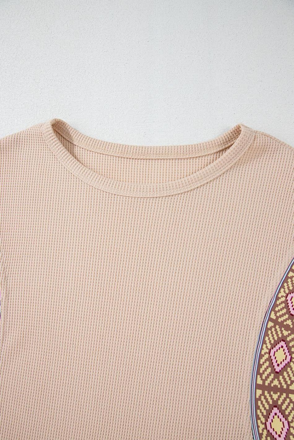 Parchment Floral Patchwork Puff Sleeve Waffle Knit Top | Women Long Sleeve Tops