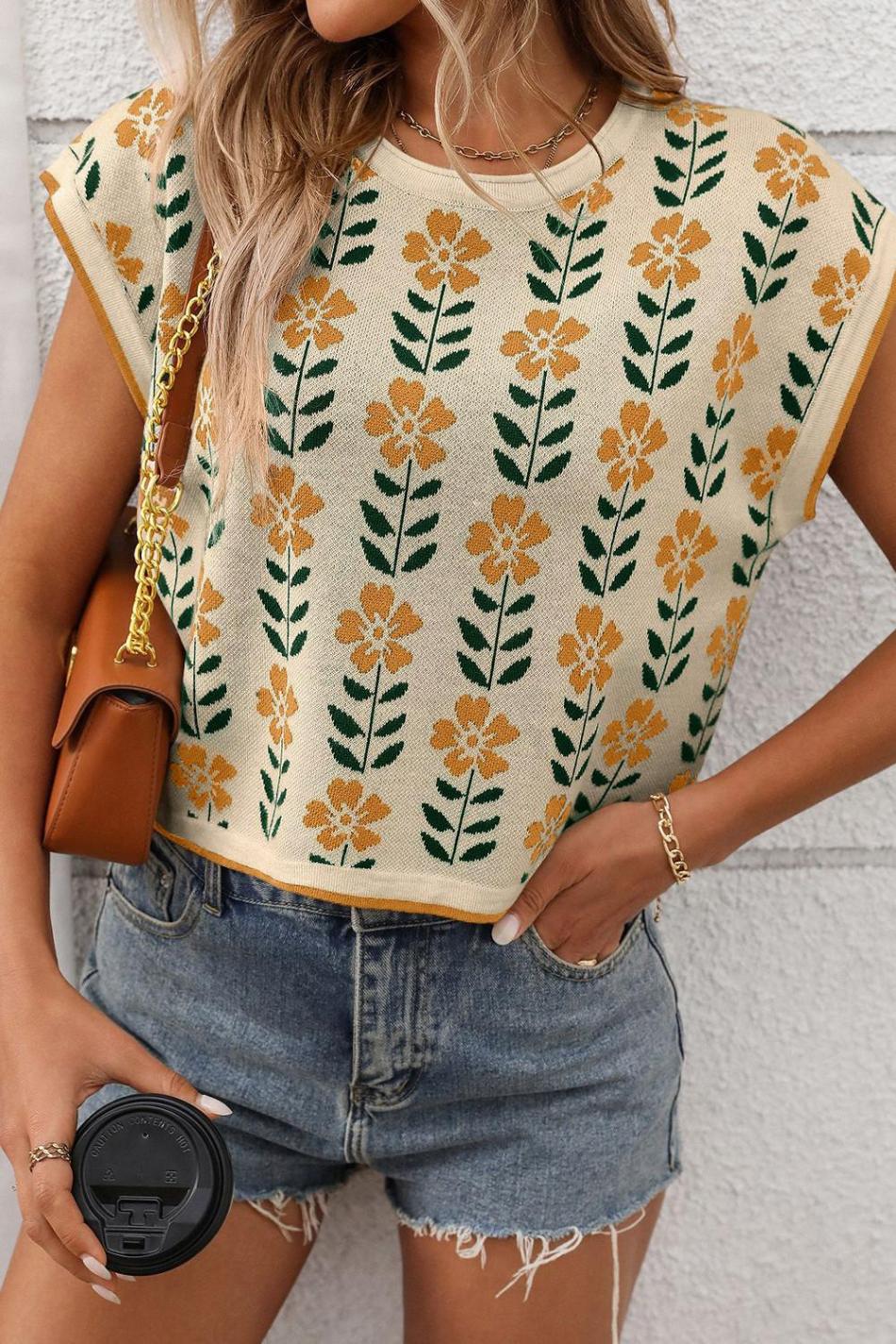 Parchment Floral Round Neck Sleeveless Knit Top | Women Knit Tops