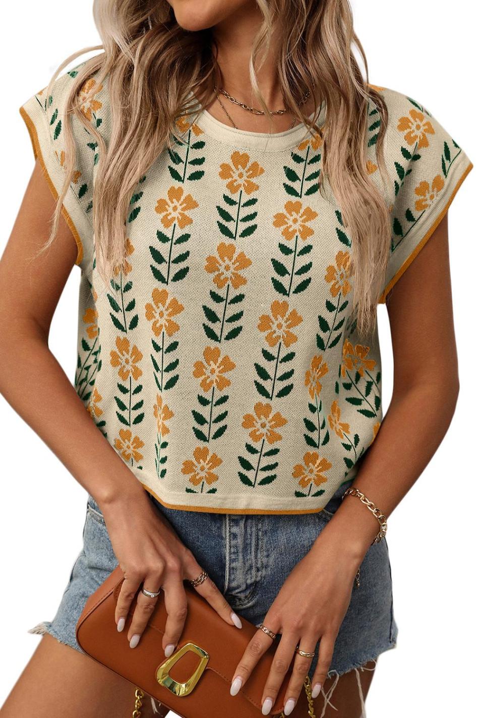 Parchment Floral Round Neck Sleeveless Knit Top | Women Knit Tops