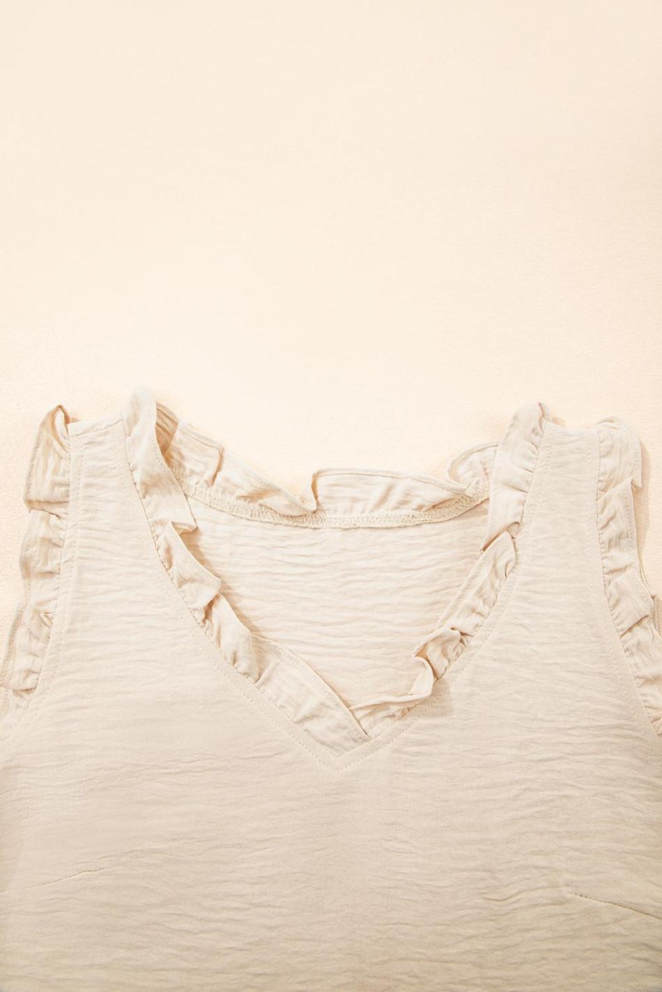 Parchment Frill Trim V Neck Crinkled Sleeveless Top | Women Sleeveless Tops