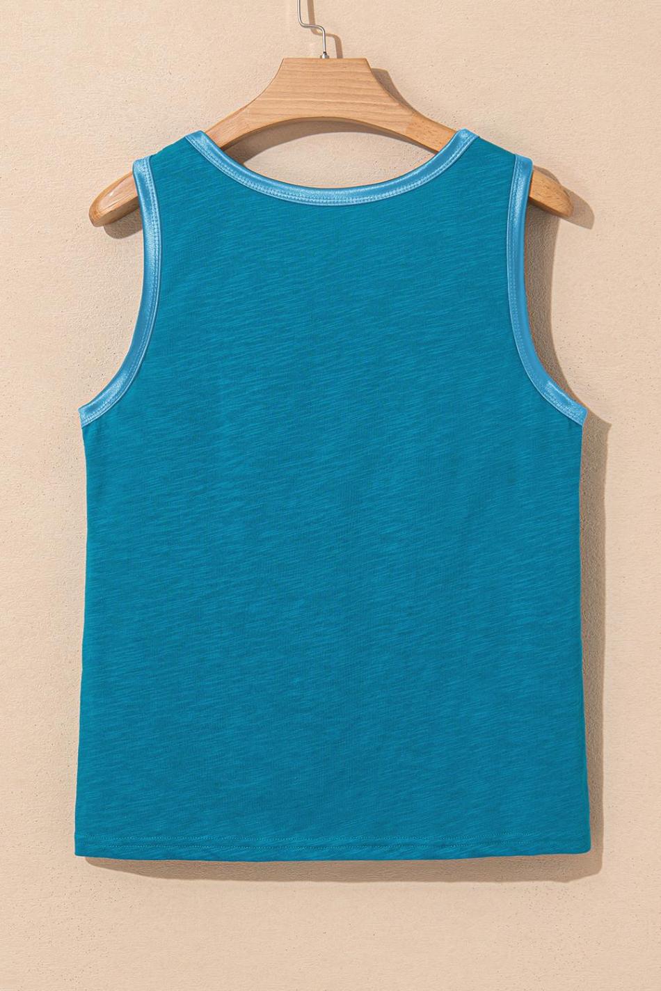 Peacock Blue Contrast Trim Round Neck Tank Top | Women Sleeveless Tops
