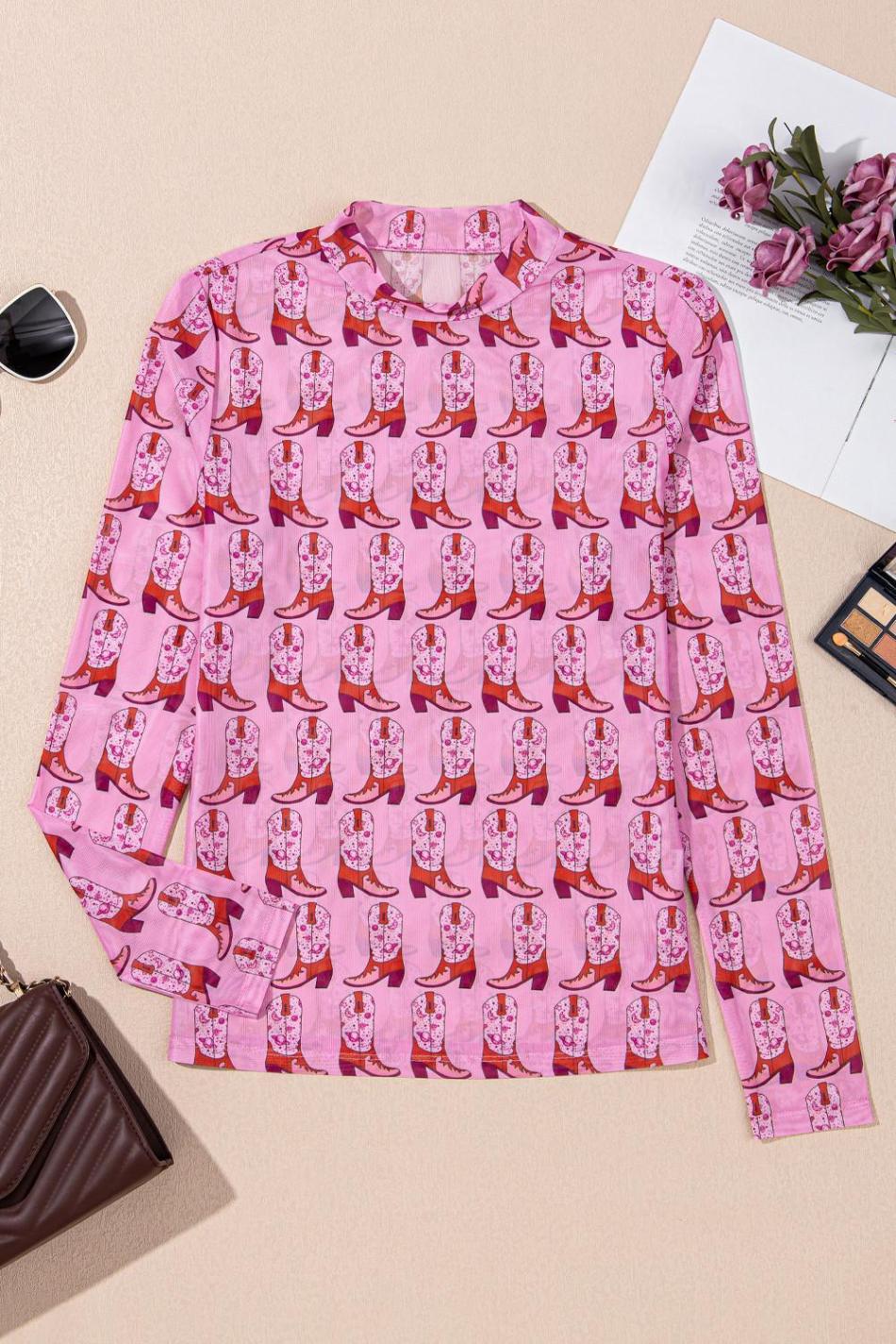 Pink Boots Print Mock Neck Long Sleeve Mesh Top | Women Long Sleeve Tops