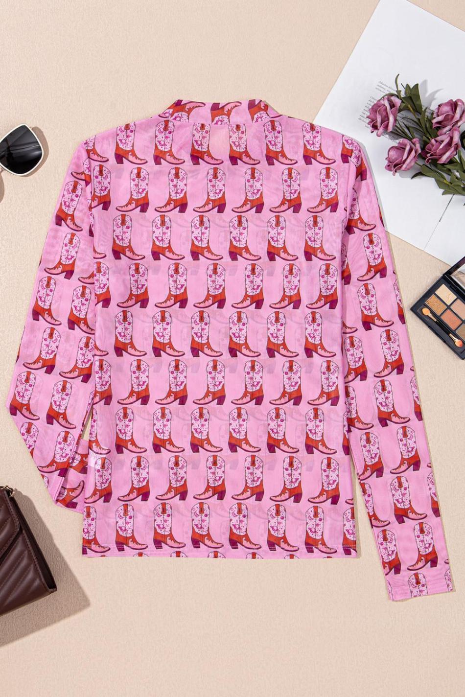 Pink Boots Print Mock Neck Long Sleeve Mesh Top | Women Long Sleeve Tops