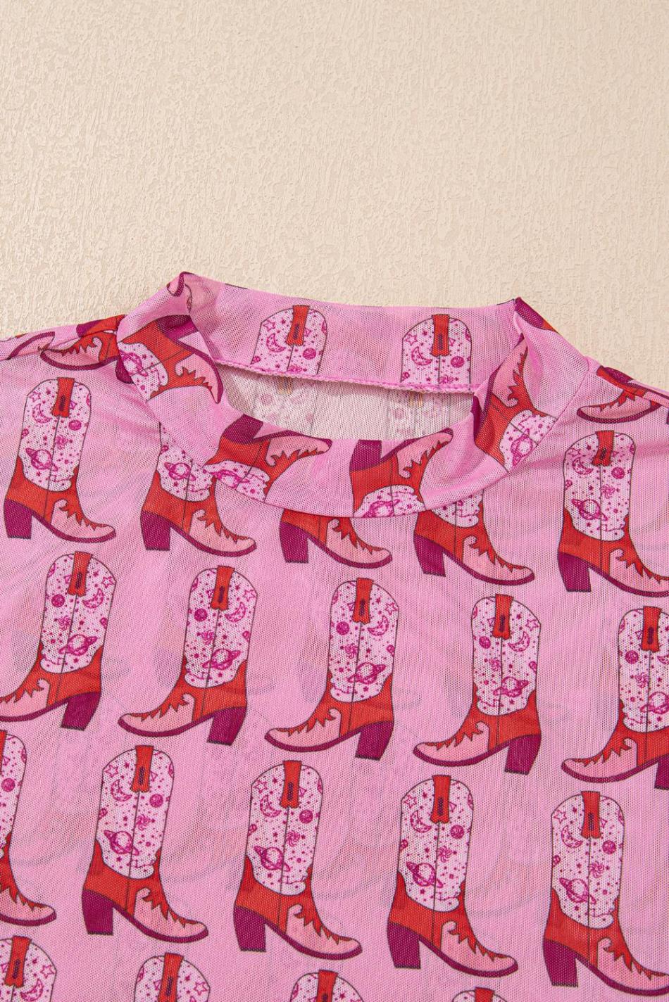 Pink Boots Print Mock Neck Long Sleeve Mesh Top | Women Long Sleeve Tops