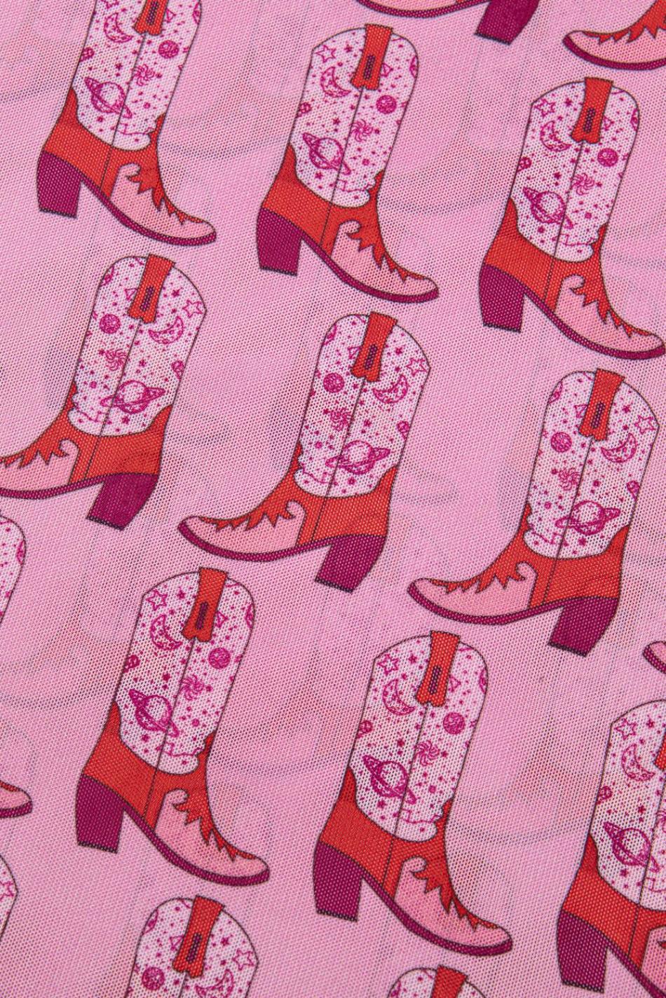 Pink Boots Print Mock Neck Long Sleeve Mesh Top | Women Long Sleeve Tops