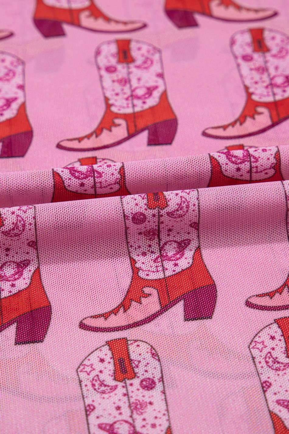 Pink Boots Print Mock Neck Long Sleeve Mesh Top | Women Long Sleeve Tops