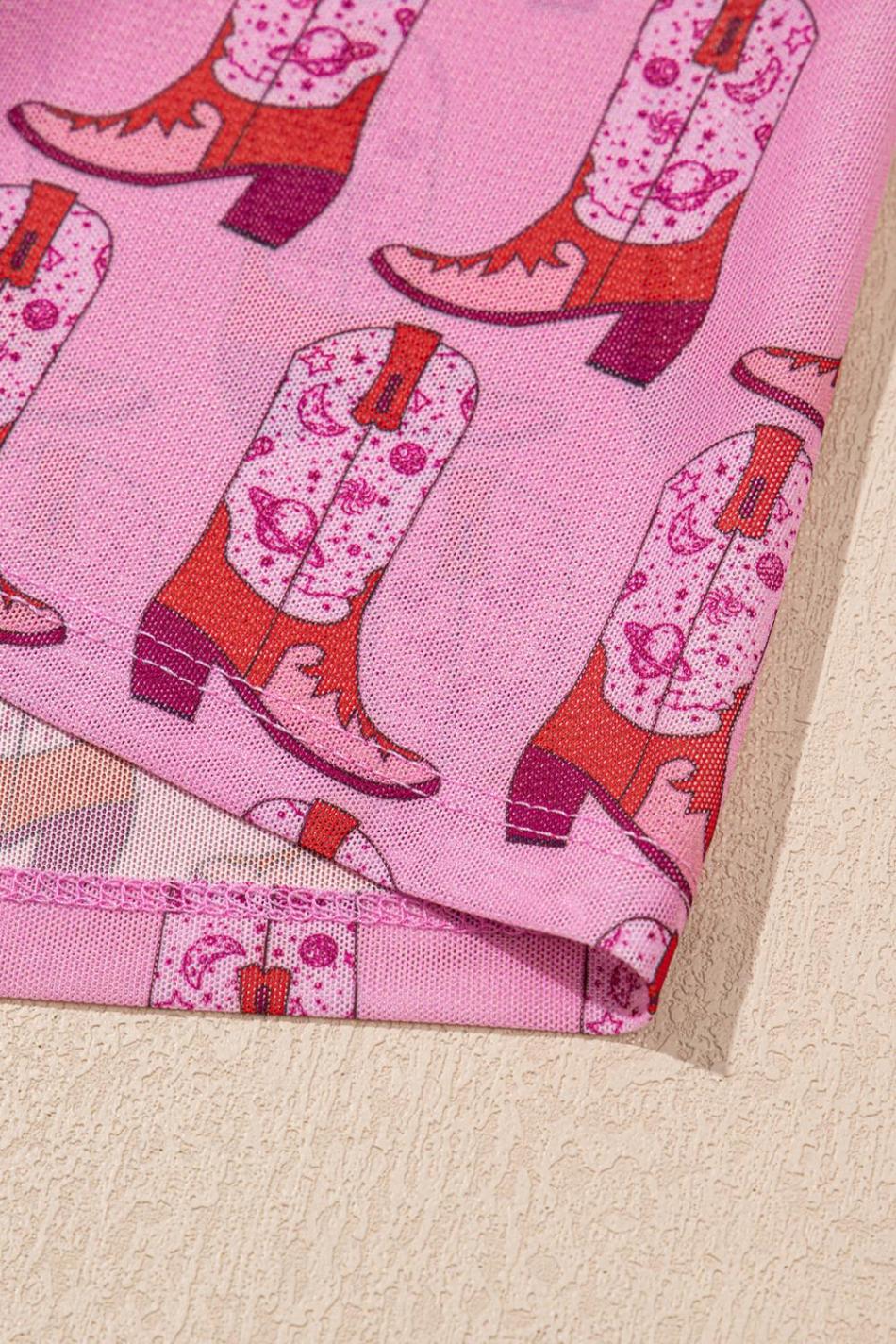 Pink Boots Print Mock Neck Long Sleeve Mesh Top | Women Long Sleeve Tops