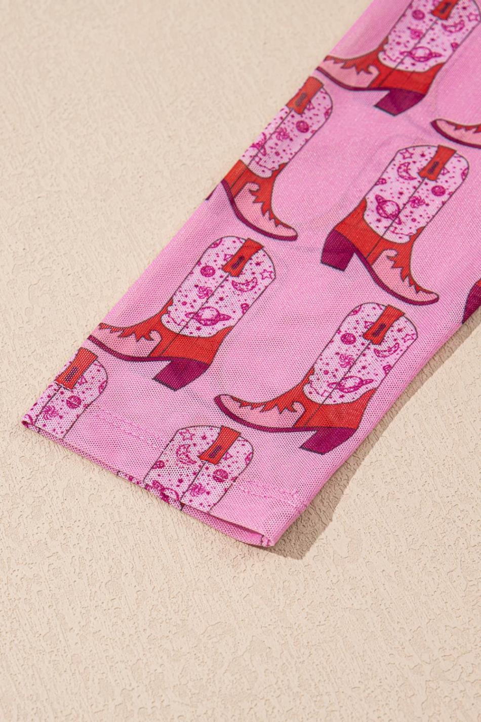 Pink Boots Print Mock Neck Long Sleeve Mesh Top | Women Long Sleeve Tops