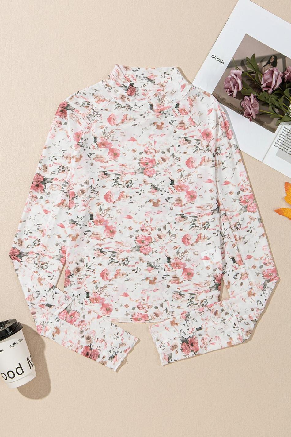 Pink Floral Print Mesh Mock Neck Slim Blouse | Women Long Sleeve Tops
