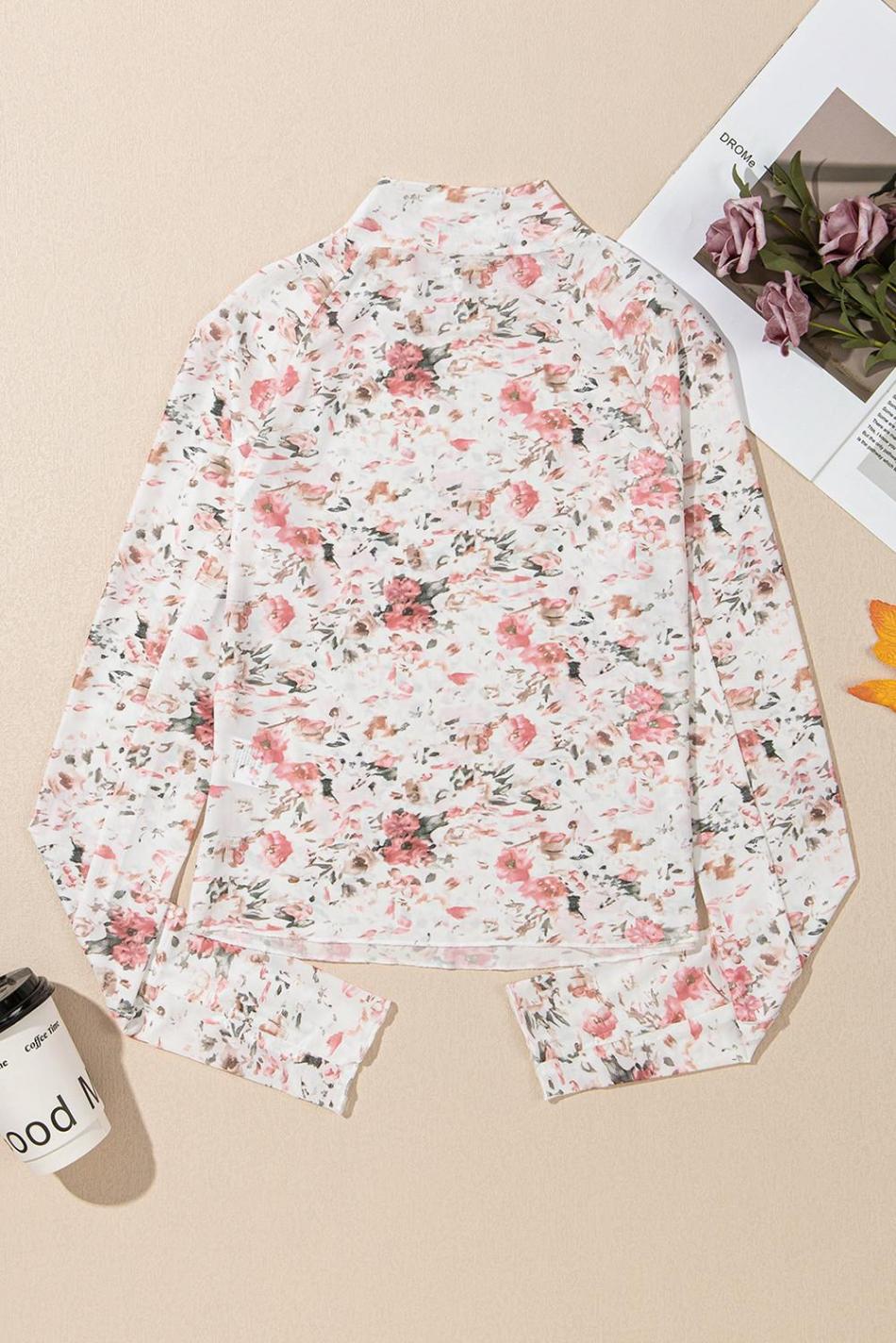 Pink Floral Print Mesh Mock Neck Slim Blouse | Women Long Sleeve Tops