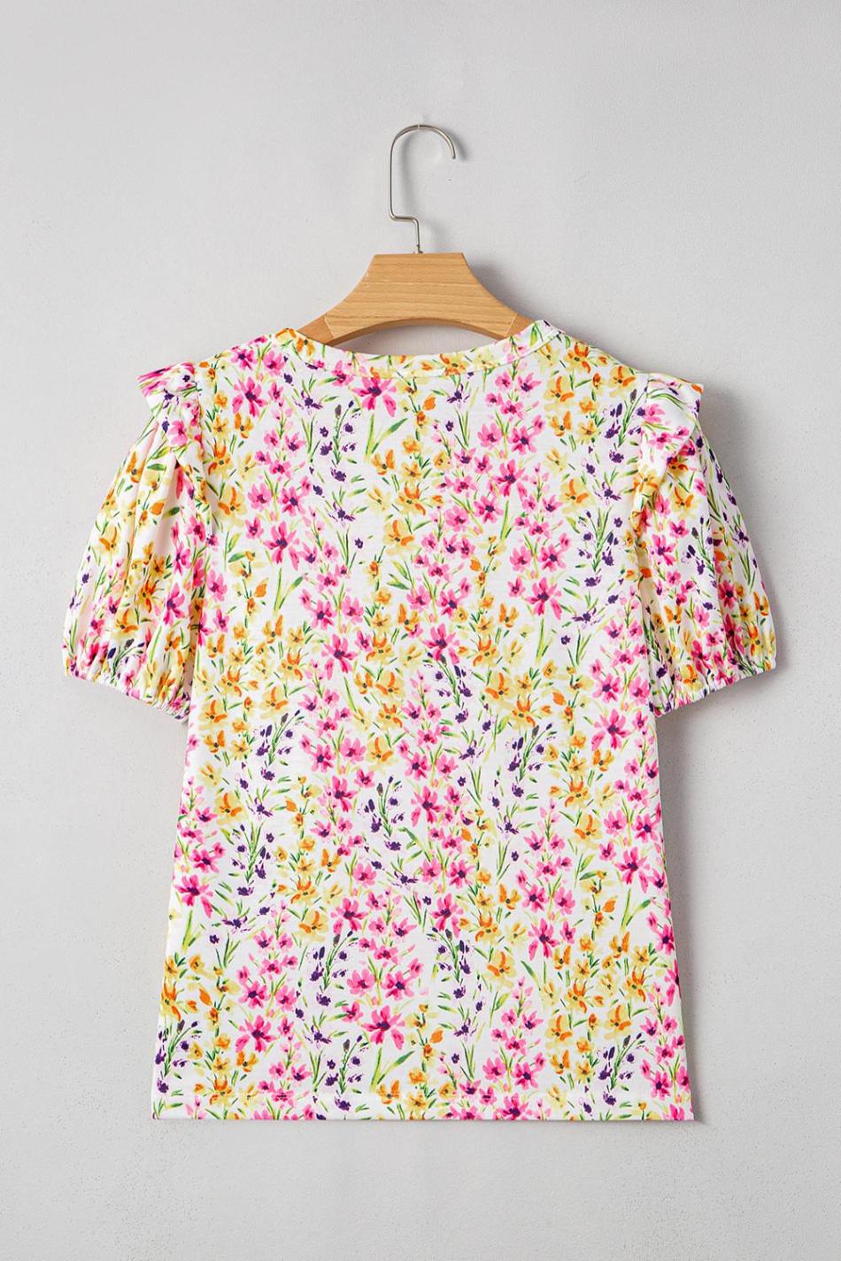 Pink Floral Puff Short Sleeve Crewneck Blouse | Women Blouses