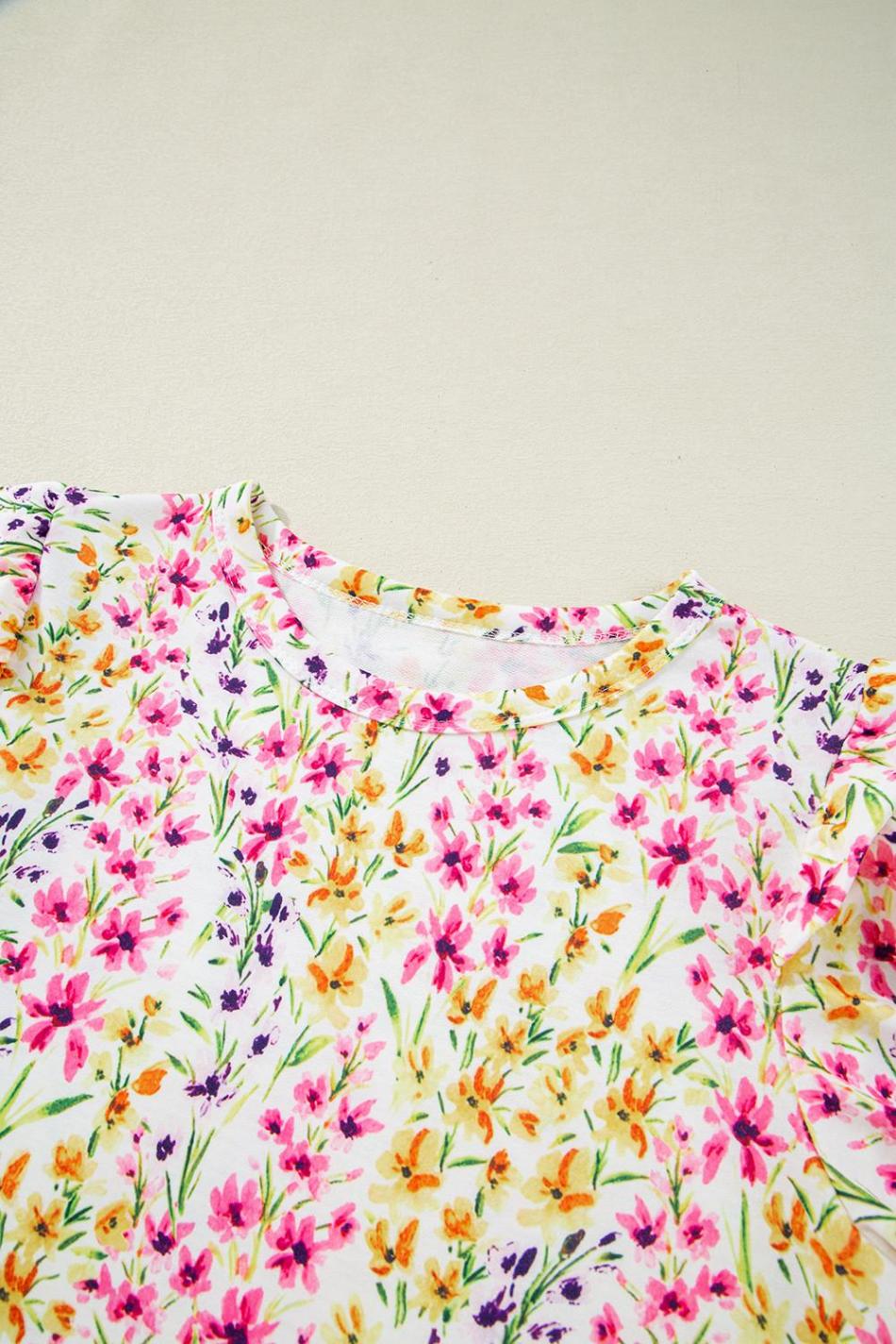 Pink Floral Puff Short Sleeve Crewneck Blouse | Women Blouses