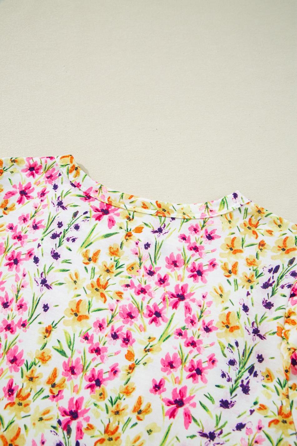 Pink Floral Puff Short Sleeve Crewneck Blouse | Women Blouses