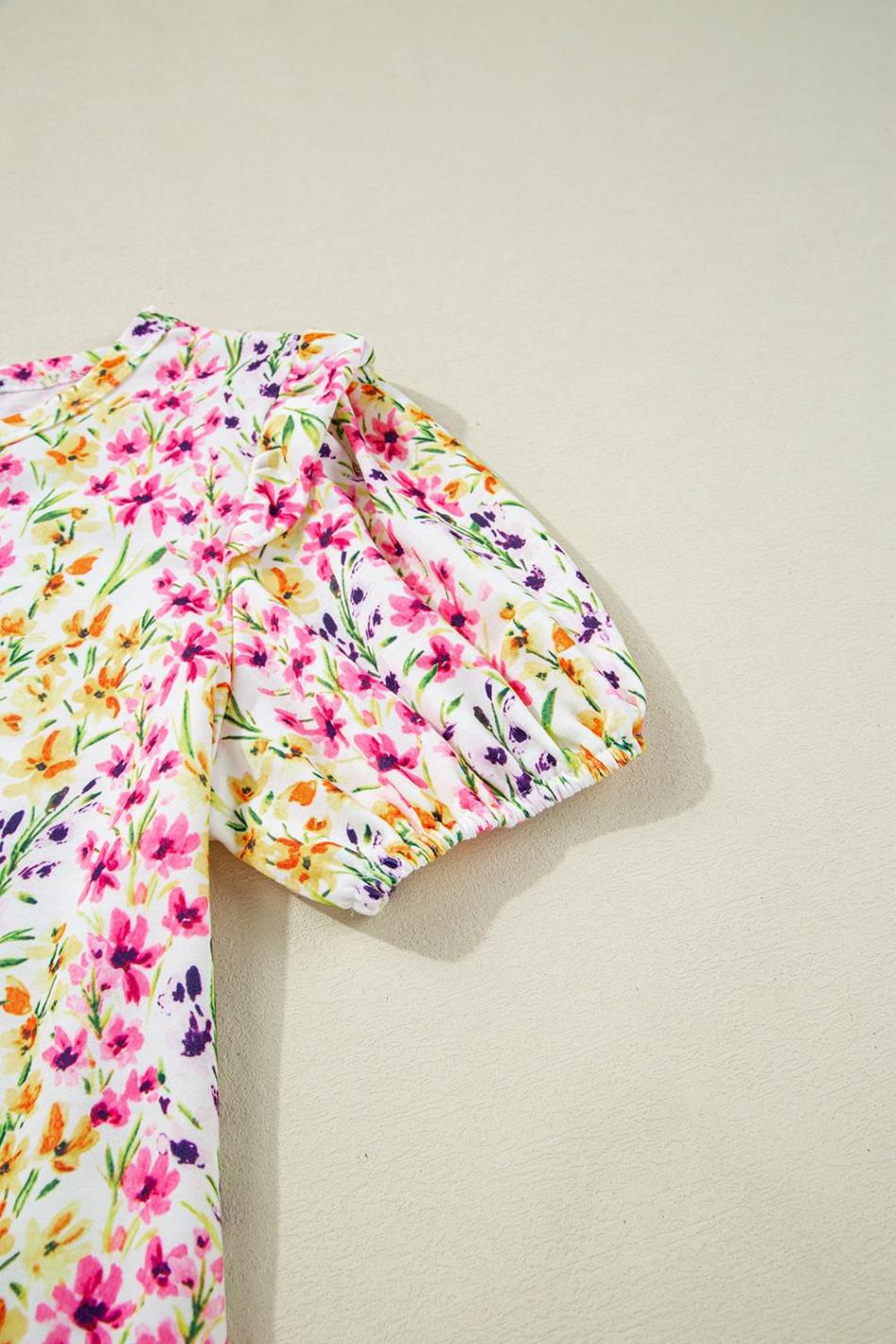 Pink Floral Puff Short Sleeve Crewneck Blouse | Women Blouses