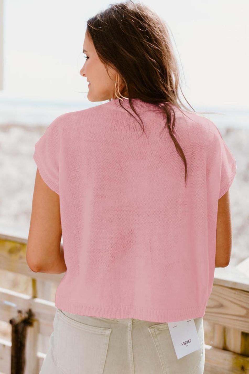 Pink Flower Patch Knit Round Neck Tee | Women Knit Tops