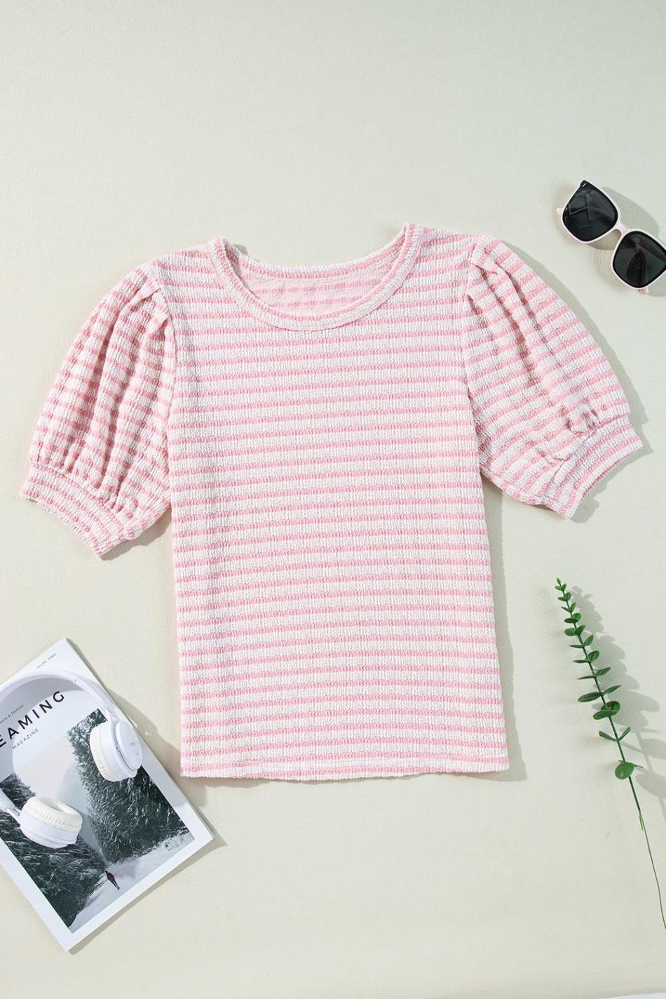 Pink Stripe Textured Puff Sleeve Crewneck Top | Women Blouses