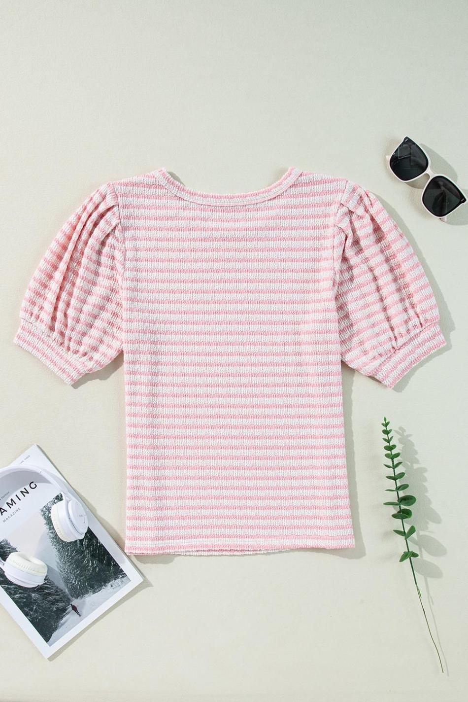 Pink Stripe Textured Puff Sleeve Crewneck Top | Women Blouses