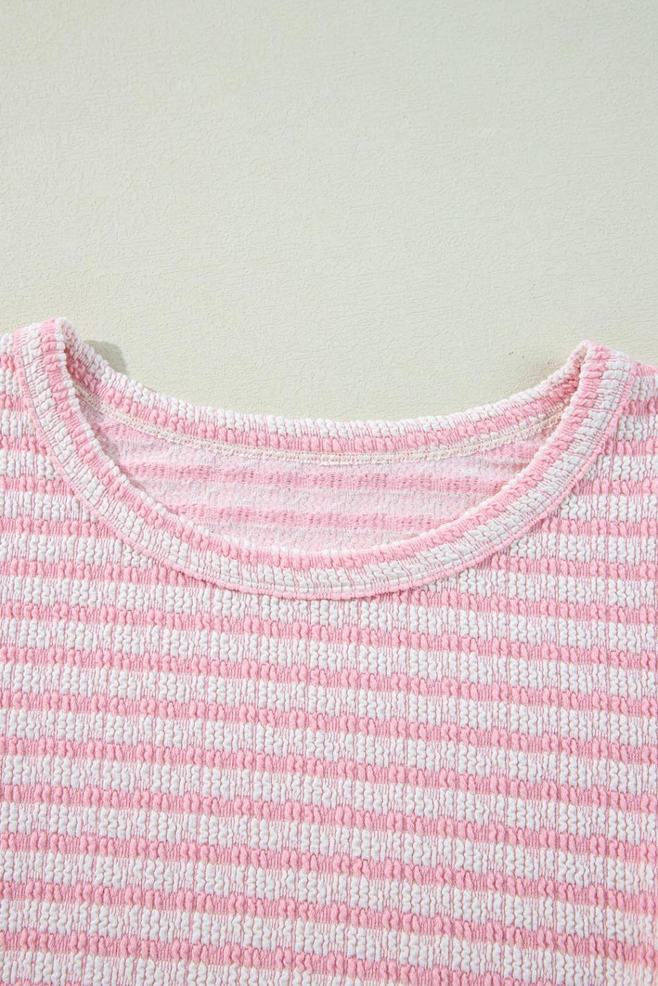 Pink Stripe Textured Puff Sleeve Crewneck Top | Women Blouses