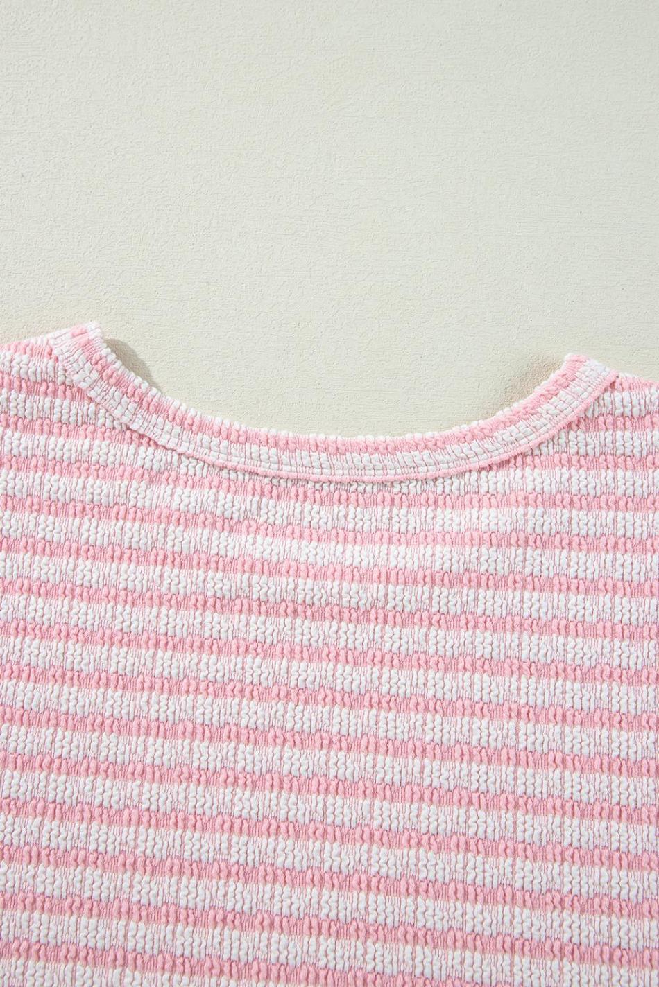 Pink Stripe Textured Puff Sleeve Crewneck Top | Women Blouses