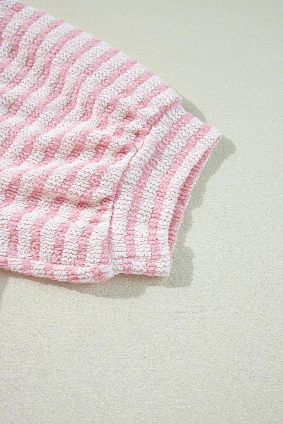 Pink Stripe Textured Puff Sleeve Crewneck Top | Women Blouses