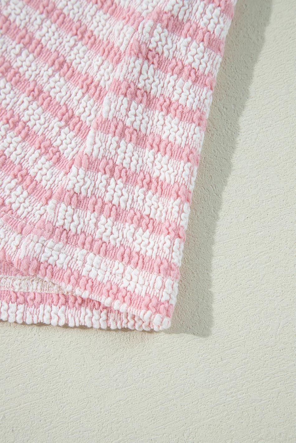Pink Stripe Textured Puff Sleeve Crewneck Top | Women Blouses