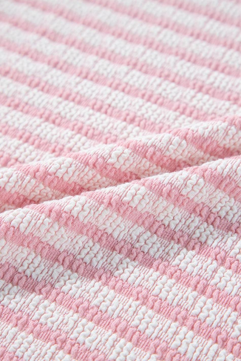 Pink Stripe Textured Puff Sleeve Crewneck Top | Women Blouses