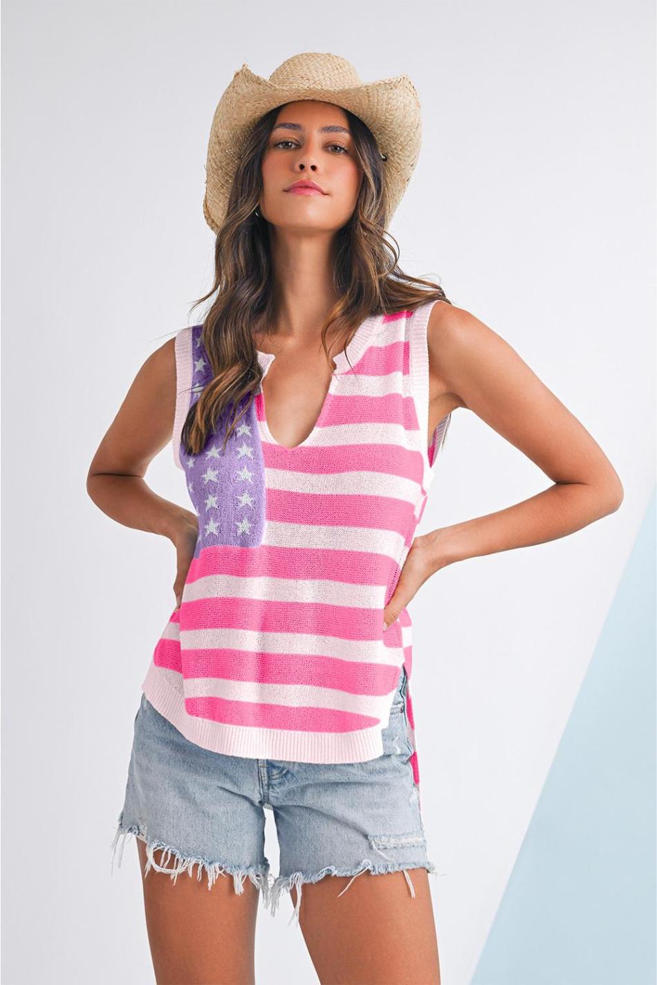 Pink Stripe Usa Flag Notched Neckline Loose Knit Vest | Women Knit Tops