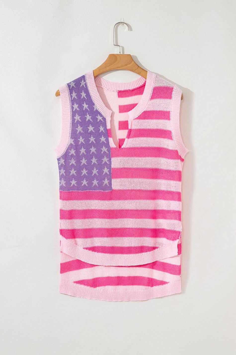 Pink Stripe Usa Flag Notched Neckline Loose Knit Vest | Women Knit Tops