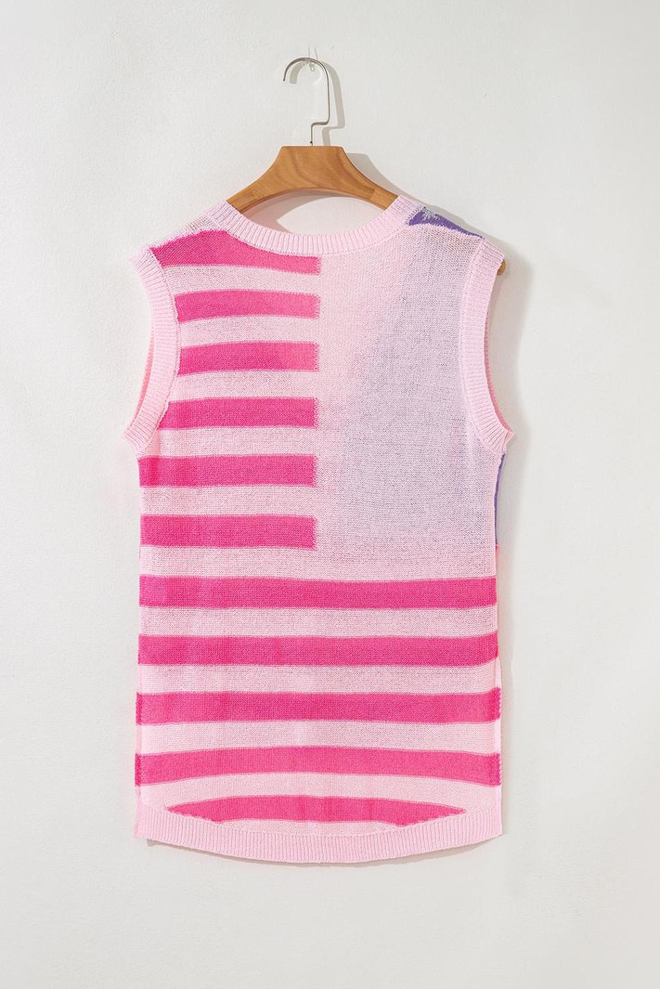 Pink Stripe Usa Flag Notched Neckline Loose Knit Vest | Women Knit Tops