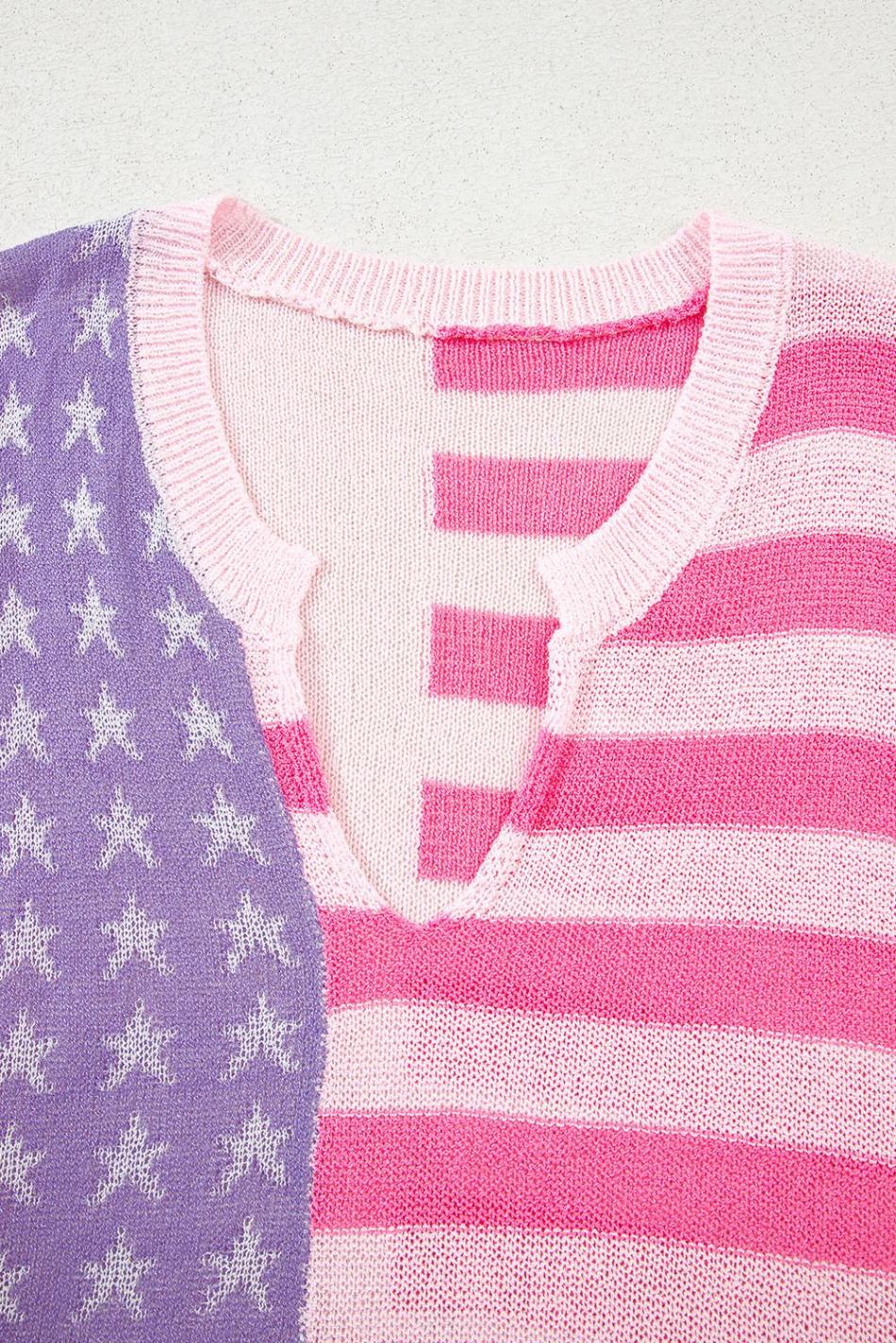 Pink Stripe Usa Flag Notched Neckline Loose Knit Vest | Women Knit Tops