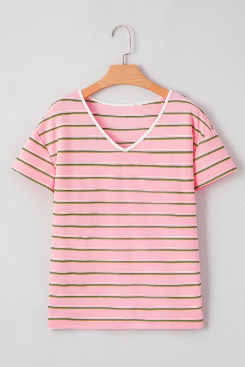 Pink Stripe V Neck Casual T-Shirt | Women T Shirts