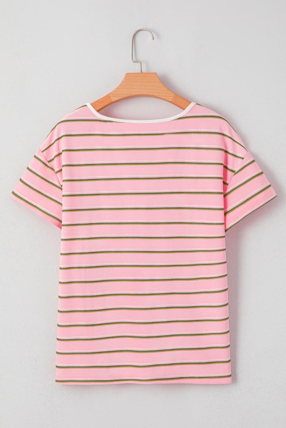 Pink Stripe V Neck Casual T-Shirt | Women T Shirts