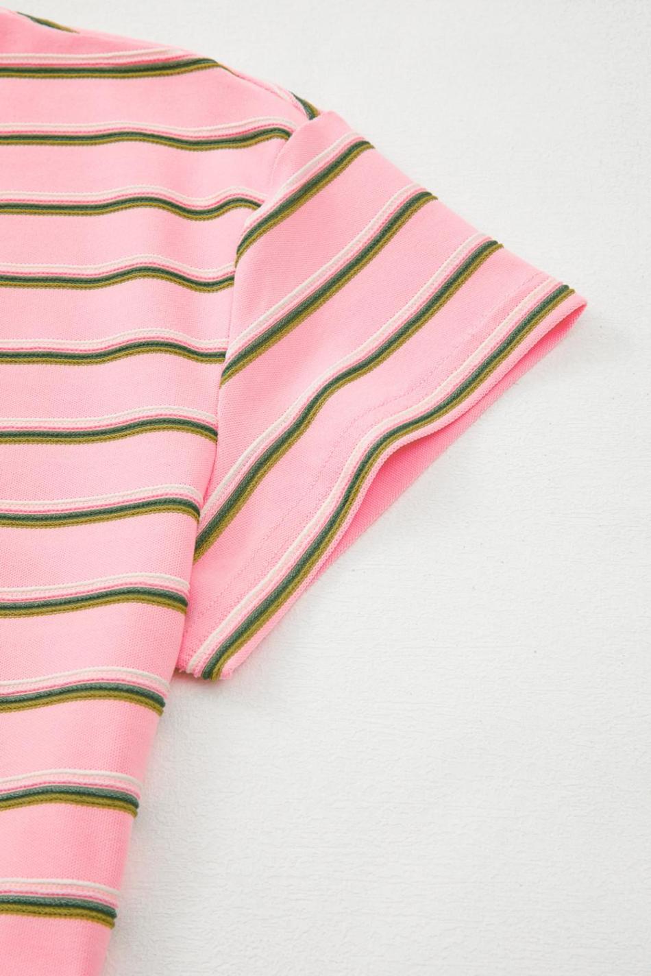 Pink Stripe V Neck Casual T-Shirt | Women T Shirts