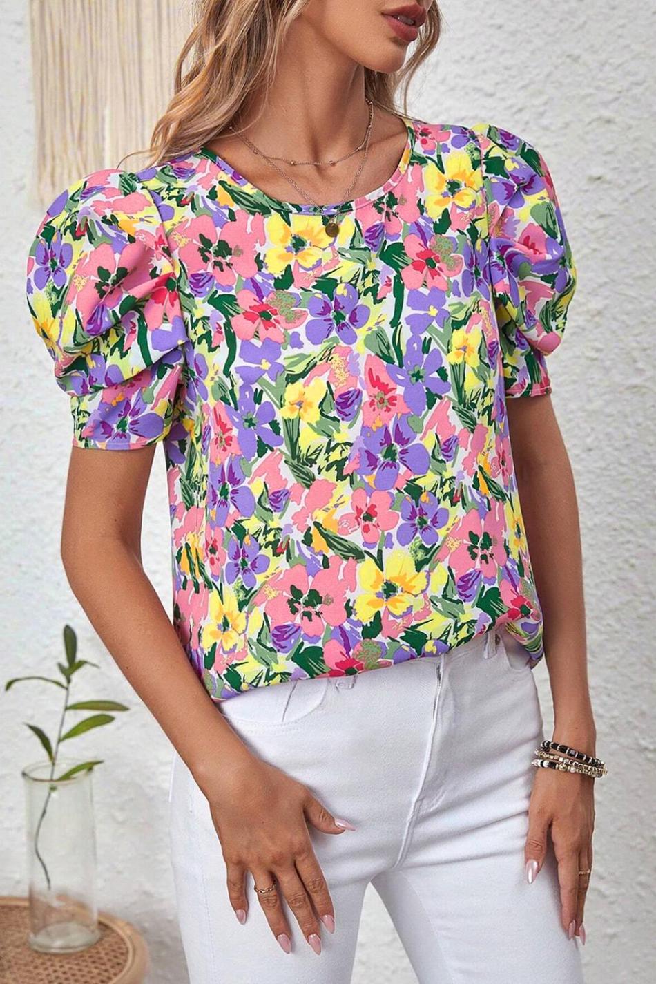 Purple Floral Print Short Sleeve Blouse | Women Blouses