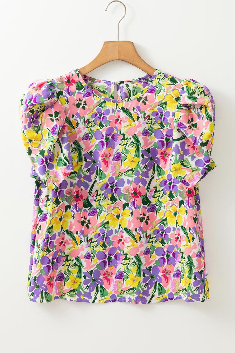 Purple Floral Print Short Sleeve Blouse | Women Blouses