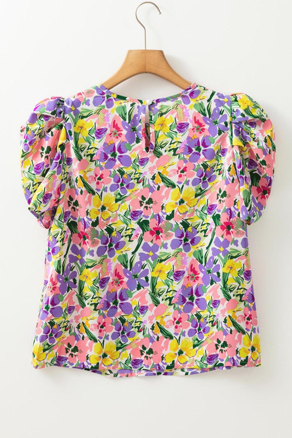 Purple Floral Print Short Sleeve Blouse | Women Blouses