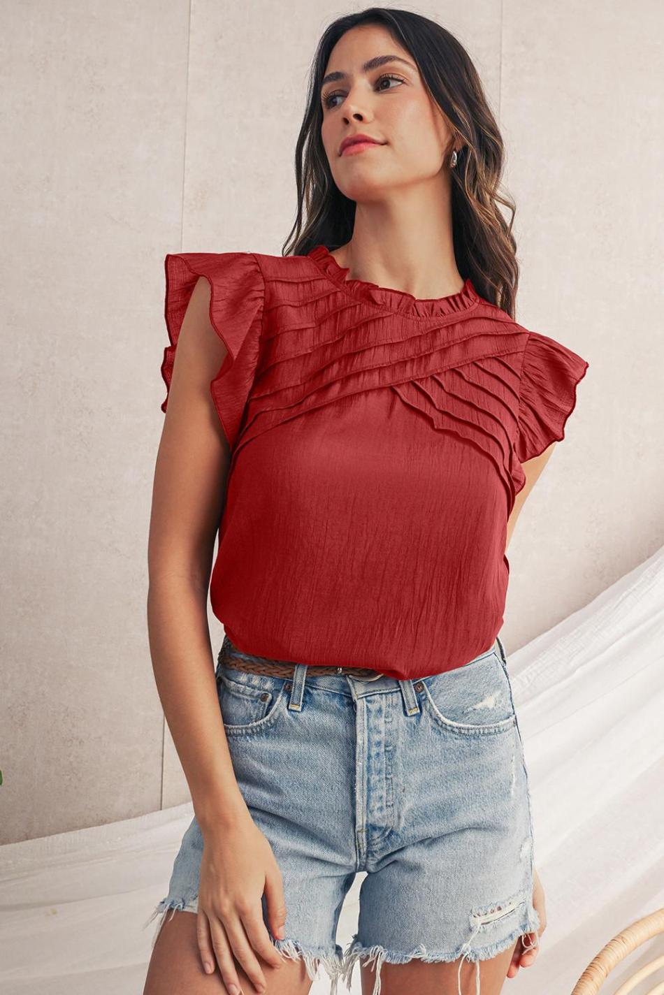 Red Dahlia Frill Neck Solid Color Pleated Blouse | Women Sleeveless Tops