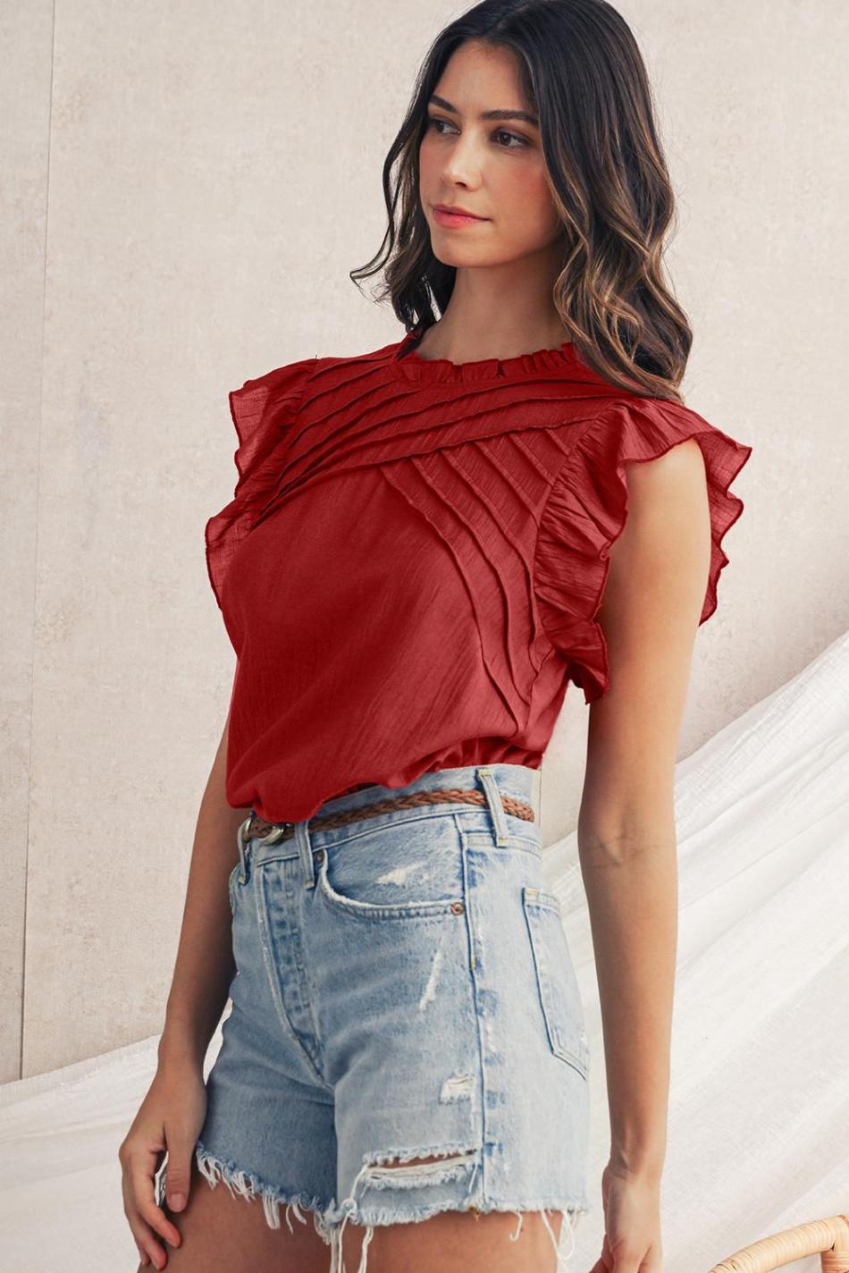 Red Dahlia Frill Neck Solid Color Pleated Blouse | Women Sleeveless Tops