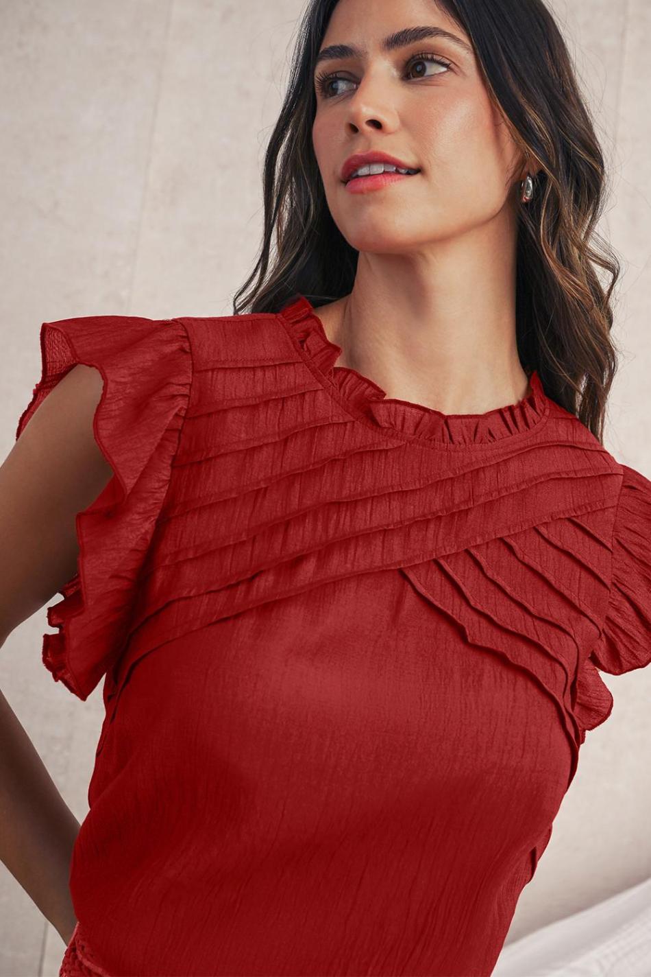 Red Dahlia Frill Neck Solid Color Pleated Blouse | Women Sleeveless Tops