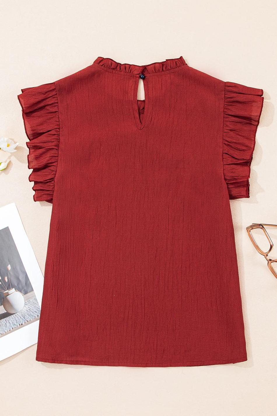 Red Dahlia Frill Neck Solid Color Pleated Blouse | Women Sleeveless Tops