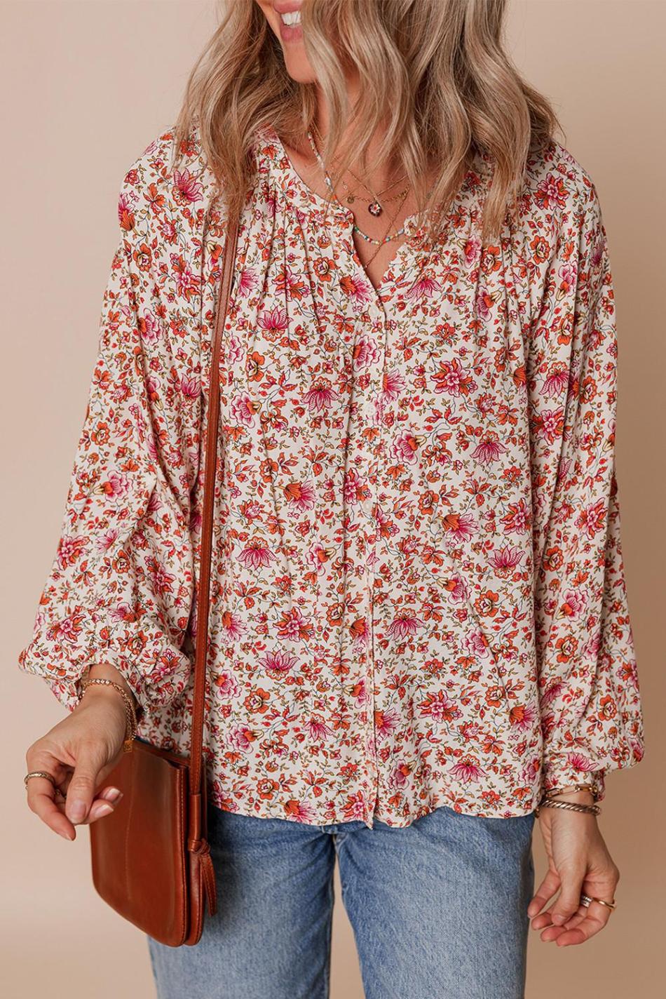 Red Floral Print Pleated Detail Notched Neck Puff Sleeve Blouse | Women Blouses